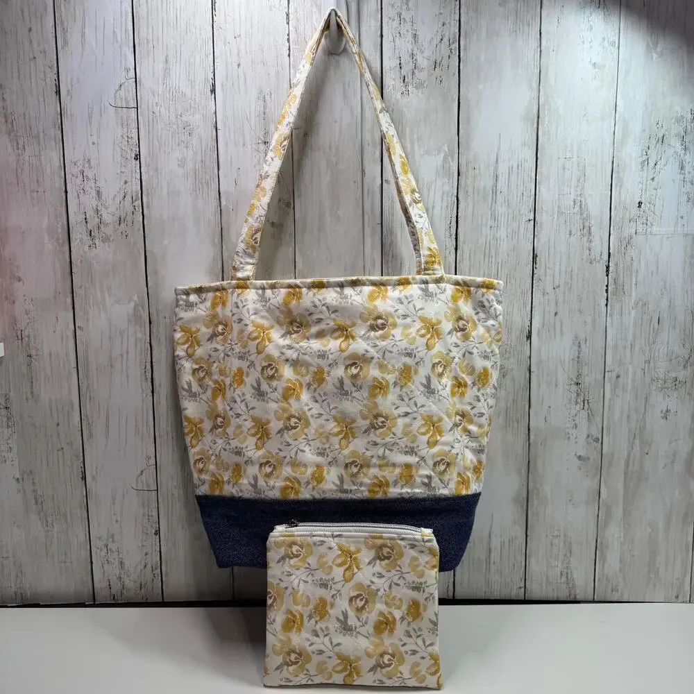 Quilted Yellow Floral Tote Bag Denim Accent : Matching Zipper Pouch Included